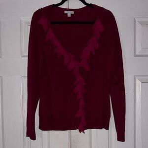 New York & Company Burgundy V-Neck Sweater with Ruffle